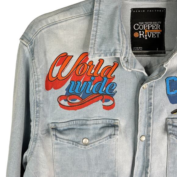 Copper Rivet Light Blue Denim Shirt Snap Button Graphic Prints Large - Picture 10 of 12